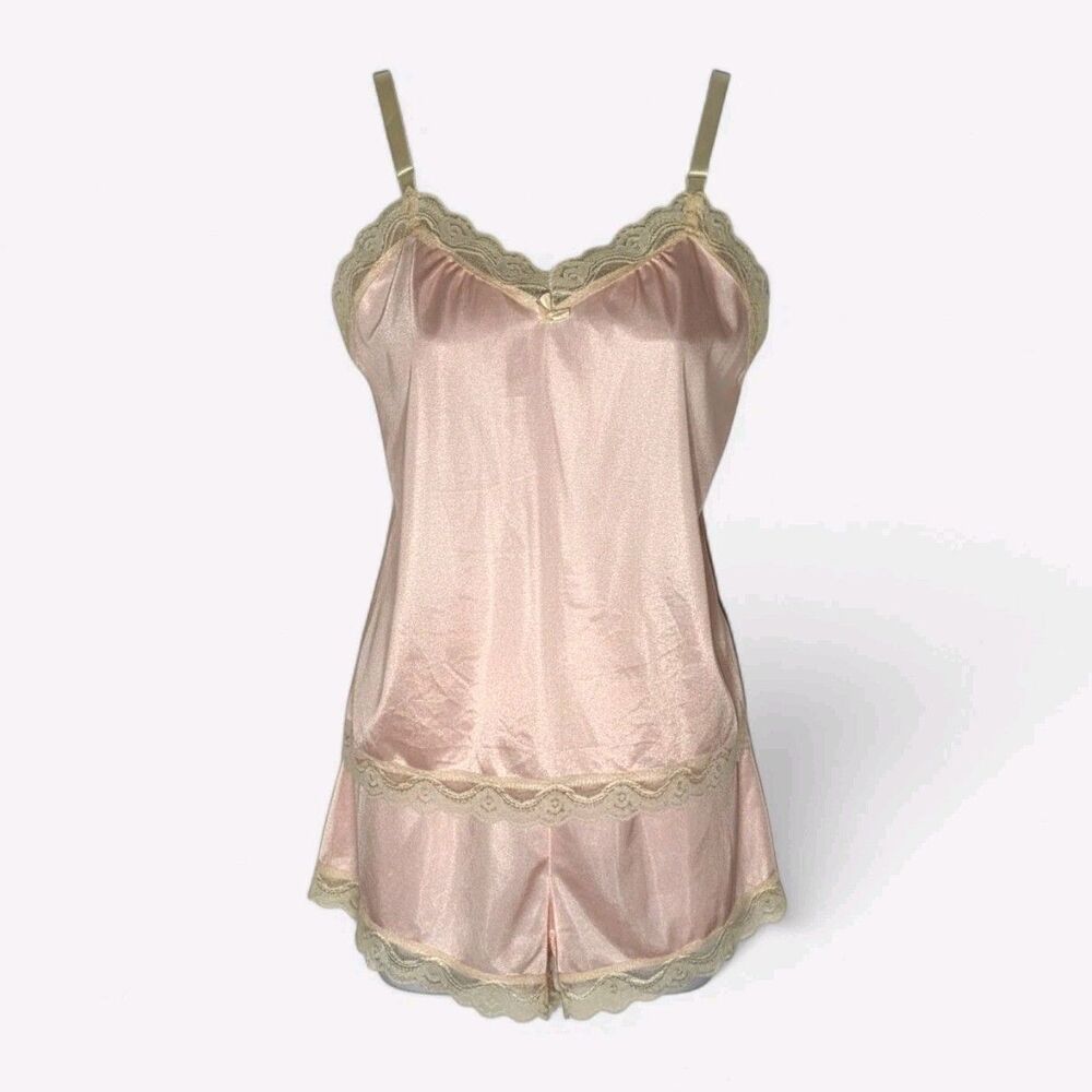 Vintage Petal Pink Lingerie 2-piece Sz M Lace Cami Tank Cheeky Short Sexy Girly